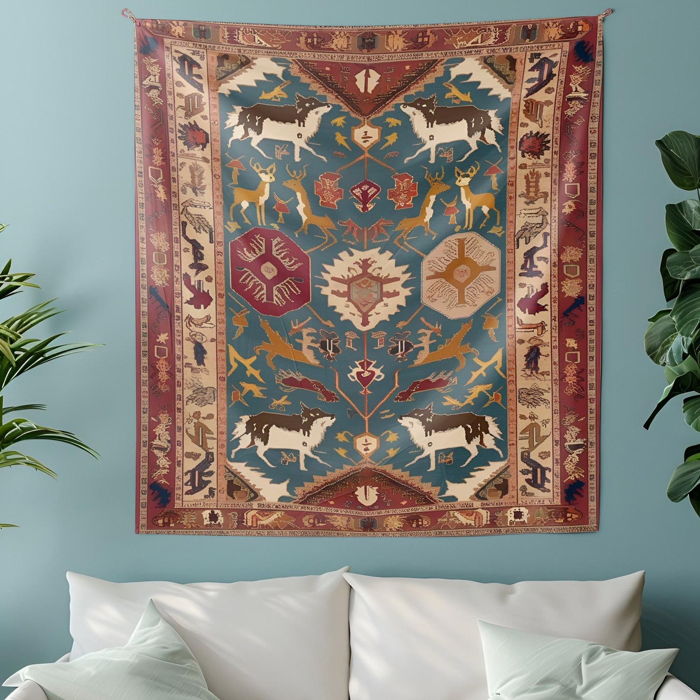 Legendary Turkish Rug Tapestry, Ancient Mythology Symbols, Wolves Deer Dragons Design, Rich Earthy Tones Wall Hanging