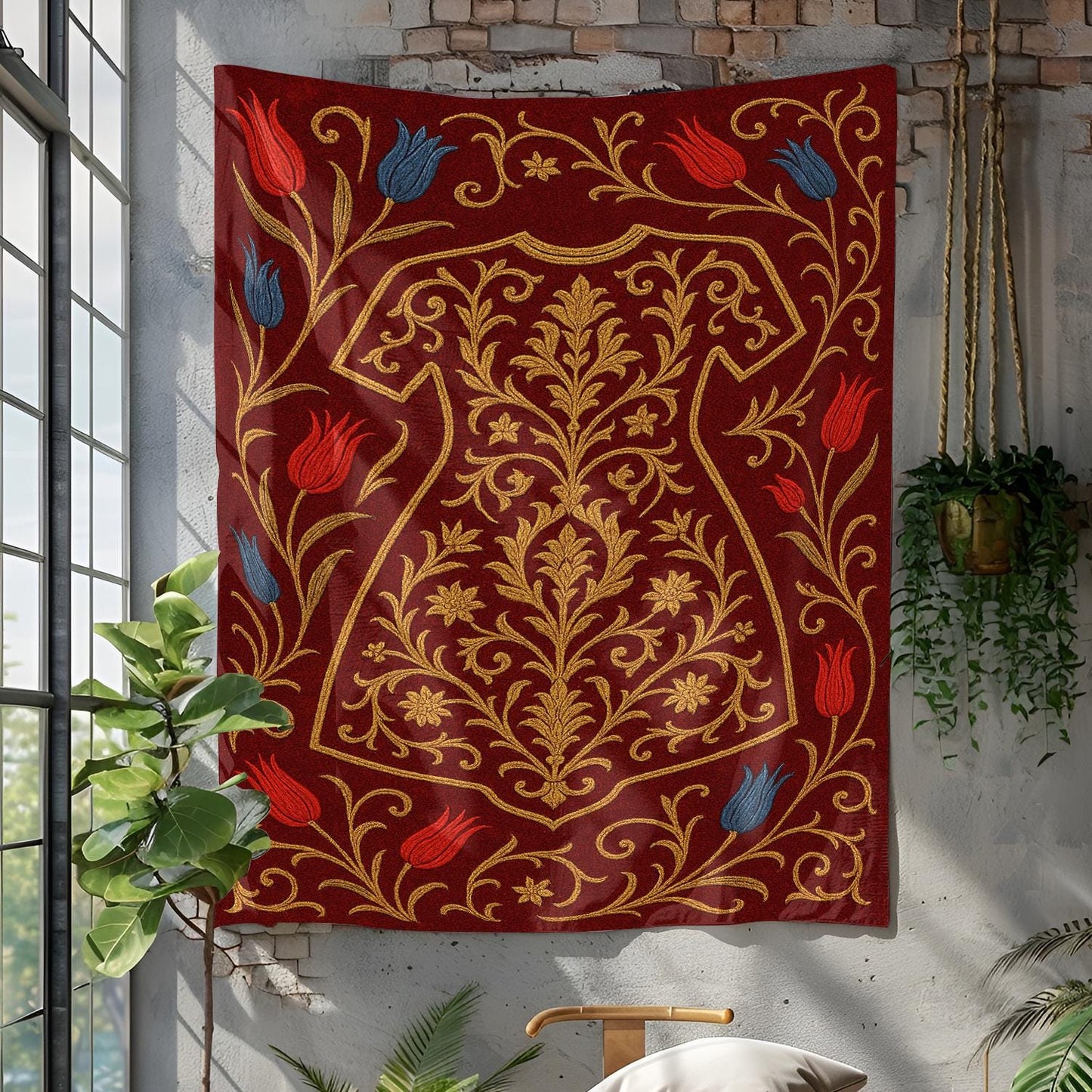 Ottoman Inspired Tapestry Featuring Intricate Kaftan Embroidery Motifs Tulips and Golden Arabesques on Rich Velvet Texture Background