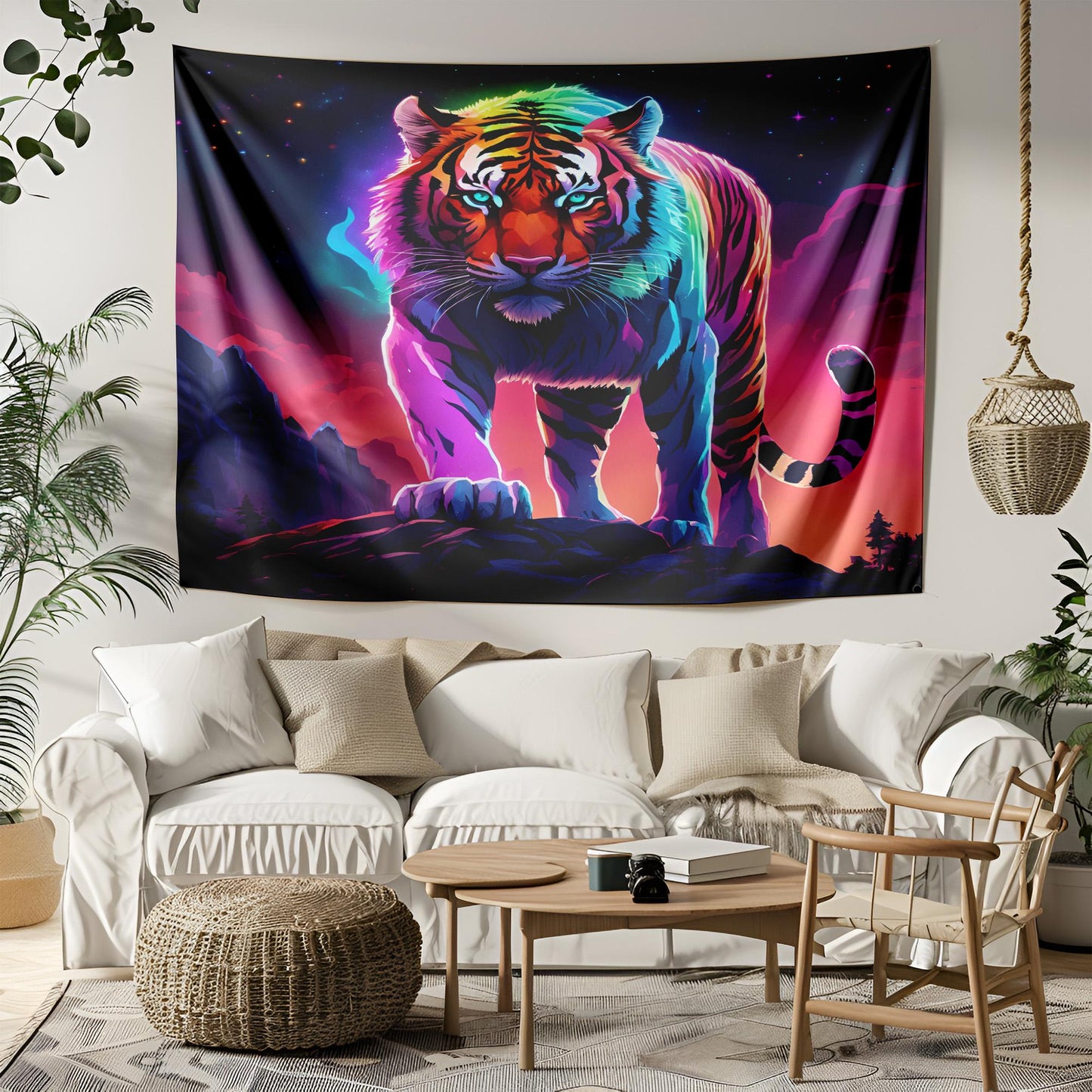 Vibrant Rainbow Tiger Tapestry - LGBT Pride Wall Hanging - Neon Cyberpunk Jungle Decor - Fierce & Colorful Animal Art