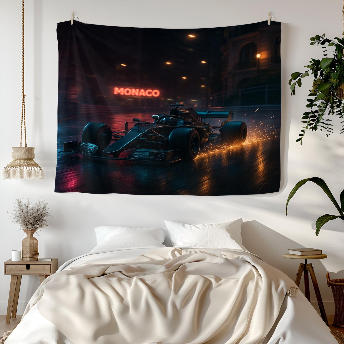 Monaco F1 Tapestry, Night Racing Car Wall Art, Formula 1 Motorsport Decor, Speed Lover Gift, Grand Prix Room Banner, Auto Man Cave Art