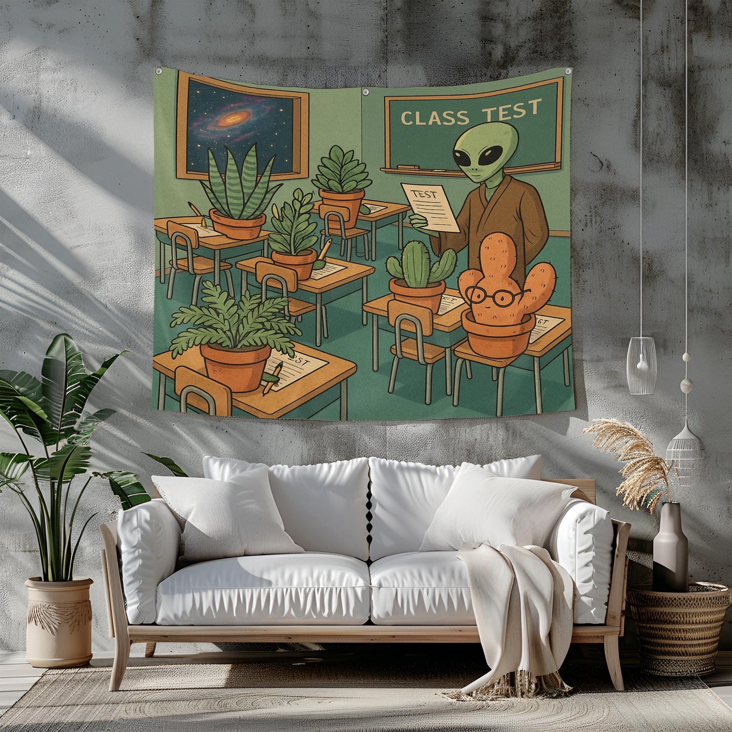 Alien Teacher Classroom Tapestry With Plant Students, Funny Galaxy Wall Art For Dorm, Sci Fi Botanical Decor, Space Gift For Plant Lover