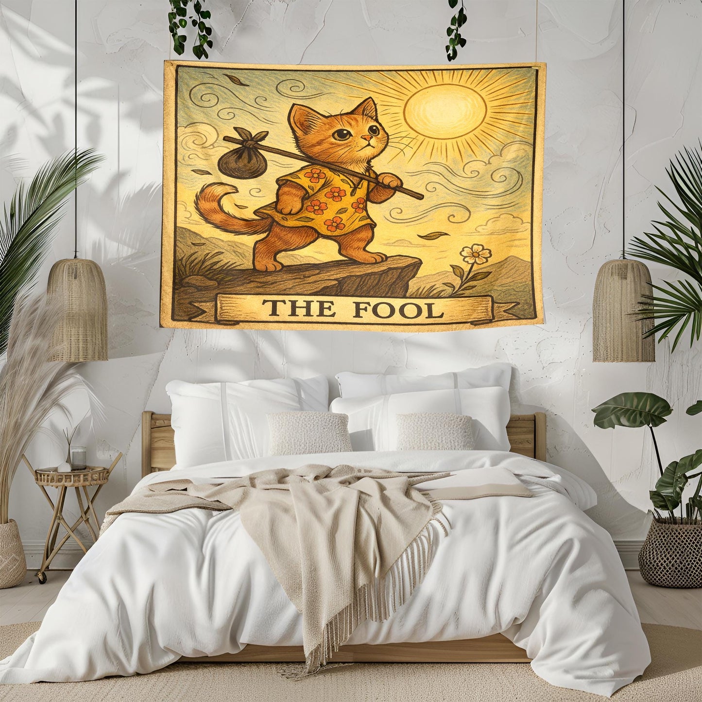The Fool Cat Tapestry – Tarot Cat Wall Art, Playful Boho Cat Decor, Sunshine Journey Tapestry for Bedroom, Dorm or Creative Space