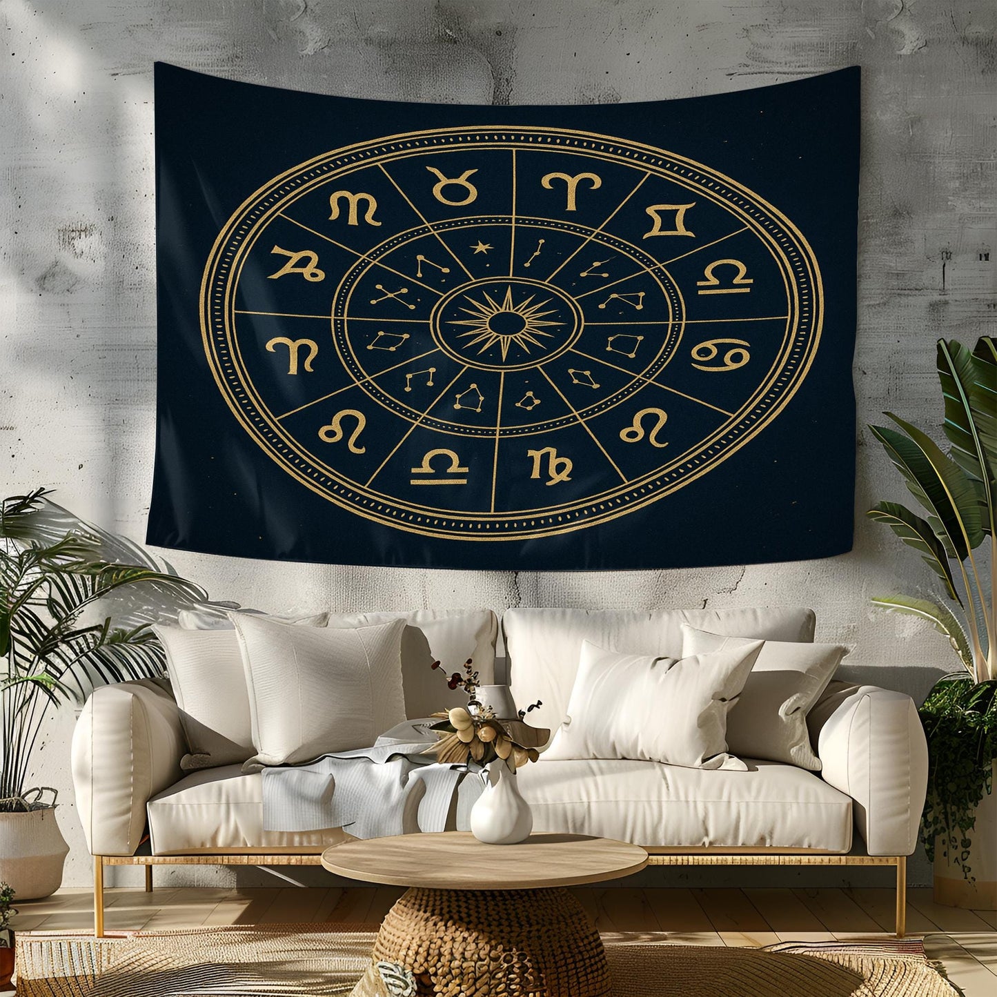 Golden Zodiac Sign Tapestry with Astrological Constellations – Boho Celestial Wall Decor for Astrology Enthusiasts and Spiritual Spaces