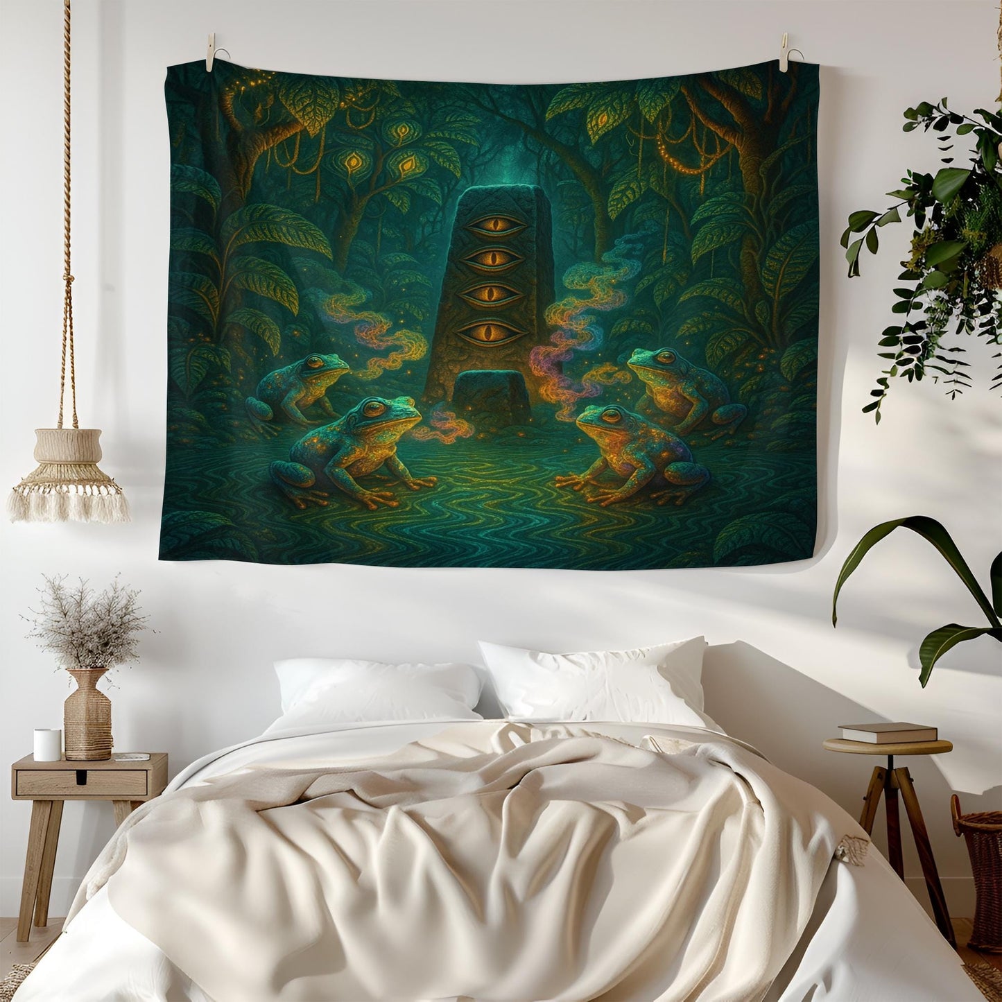 Psychedelic Frog Tapestry – Visionary Jungle Wall Art, Trippy Eye Monolith Decor, Shamanic Nature Scene, Spiritual Animal Print