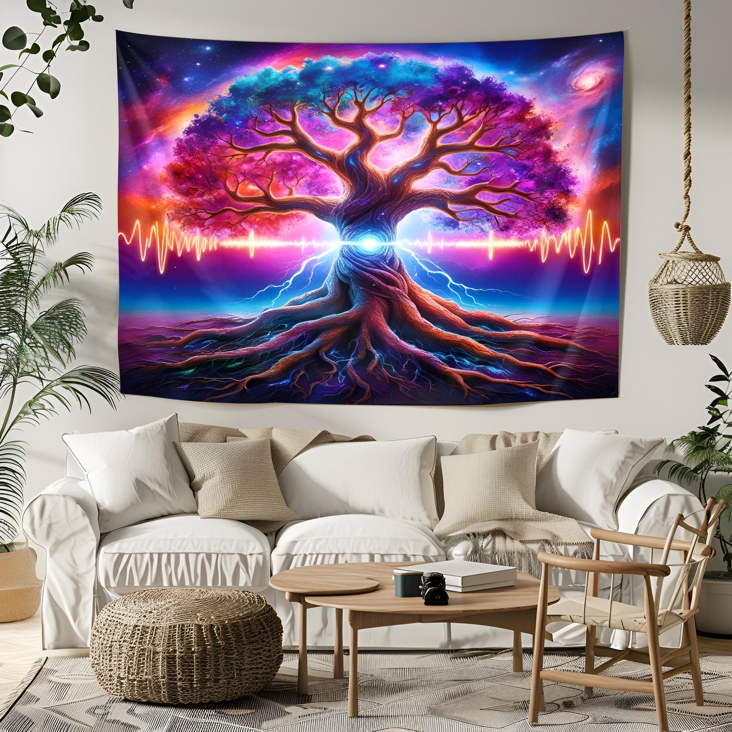 Mystical Cosmic Tree Tapestry, Glowing Branches & Galactic Roots, Neon Energy Waves, Psychedelic Surreal Wall Art, Trippy Wall Art