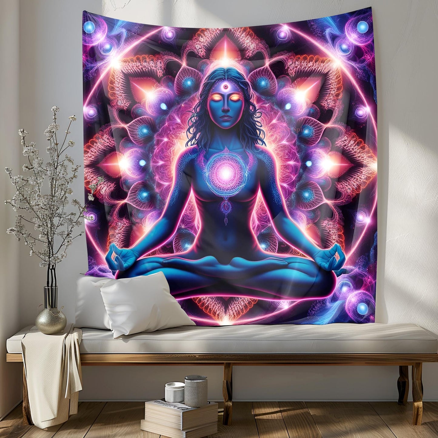 Psychedelic Meditating Figure Tapestry, Neon Fractal Cosmic Wall Art, Third Eye Awakening, Vibrant Mandala Visionary Decor, Psychedelic