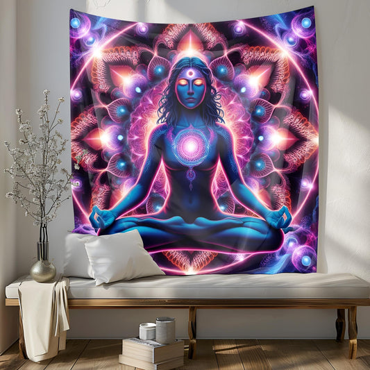 Psychedelic Meditating Figure Tapestry, Neon Fractal Cosmic Wall Art, Third Eye Awakening, Vibrant Mandala Visionary Decor, Psychedelic