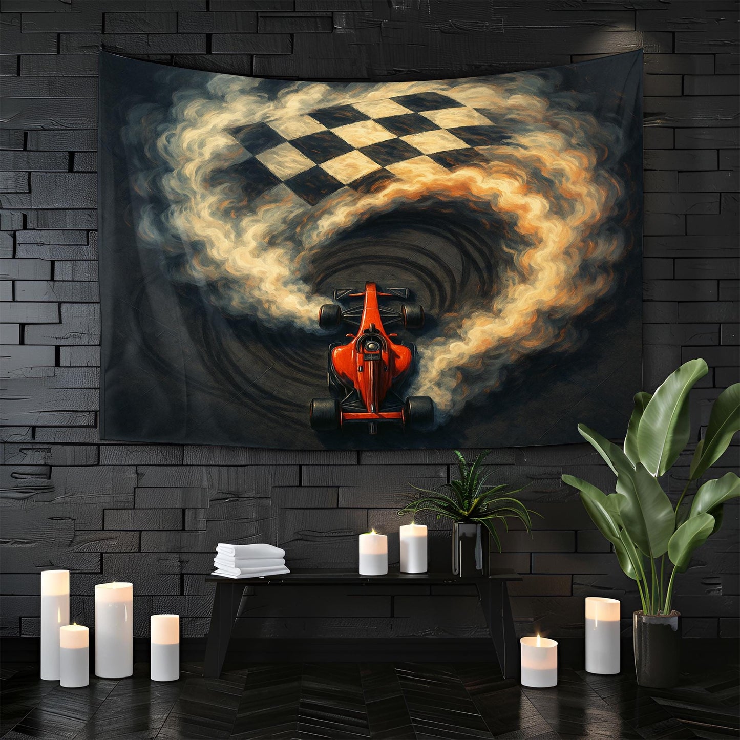 Formula 1 Racing Tapestry, Red F1 Car Wall Art with Checkered Flag, Motorsport Decor for Man Cave, Speed Lover Gift, Auto Room Print