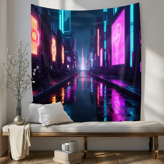 Futuristic Cyberpunk City Tapestry, Neon Holograms, Psychedelic Nightscape with Vibrant Reflections, Ultra-High Detail Art