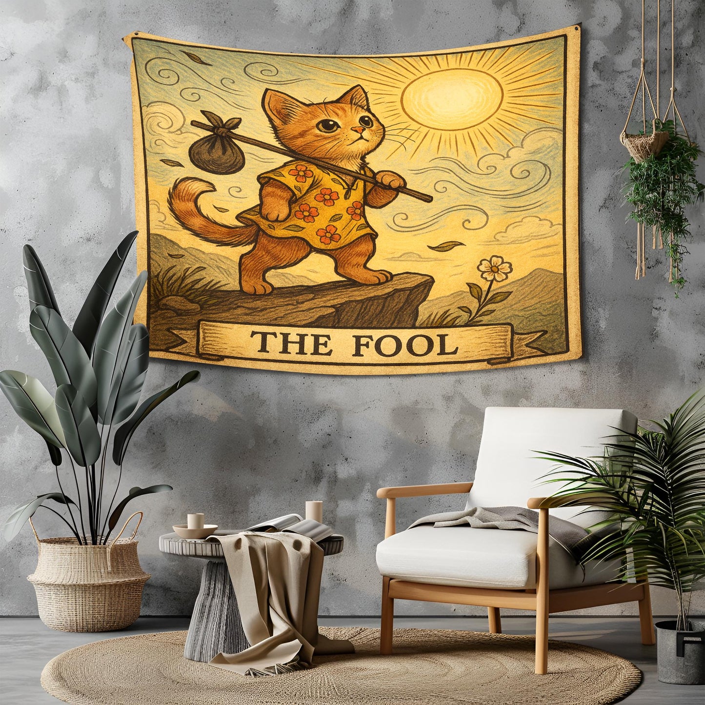 The Fool Cat Tapestry – Tarot Cat Wall Art, Playful Boho Cat Decor, Sunshine Journey Tapestry for Bedroom, Dorm or Creative Space