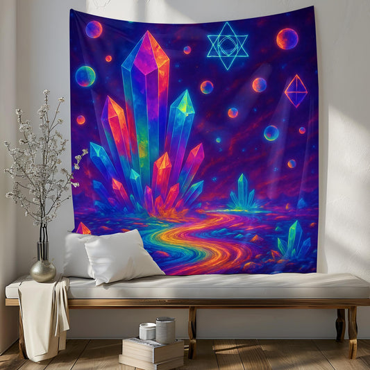 Rainbow Crystal Field Tapestry, Trippy Wall Art With Sacred Geometry, Floating Orbs And Energy Waves, Psychedelic Decor, Gift For Her
