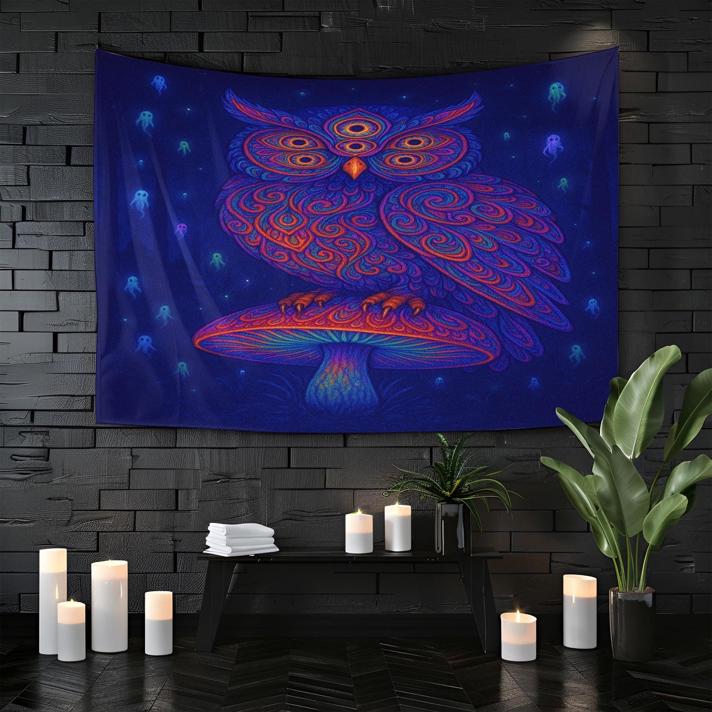 Psychedelic Owl Tapestry, Trippy Mushroom Wall Art, Boho Room Decor, Visionary Spirit Print, Mystical Night Banner, Bohemian Gift