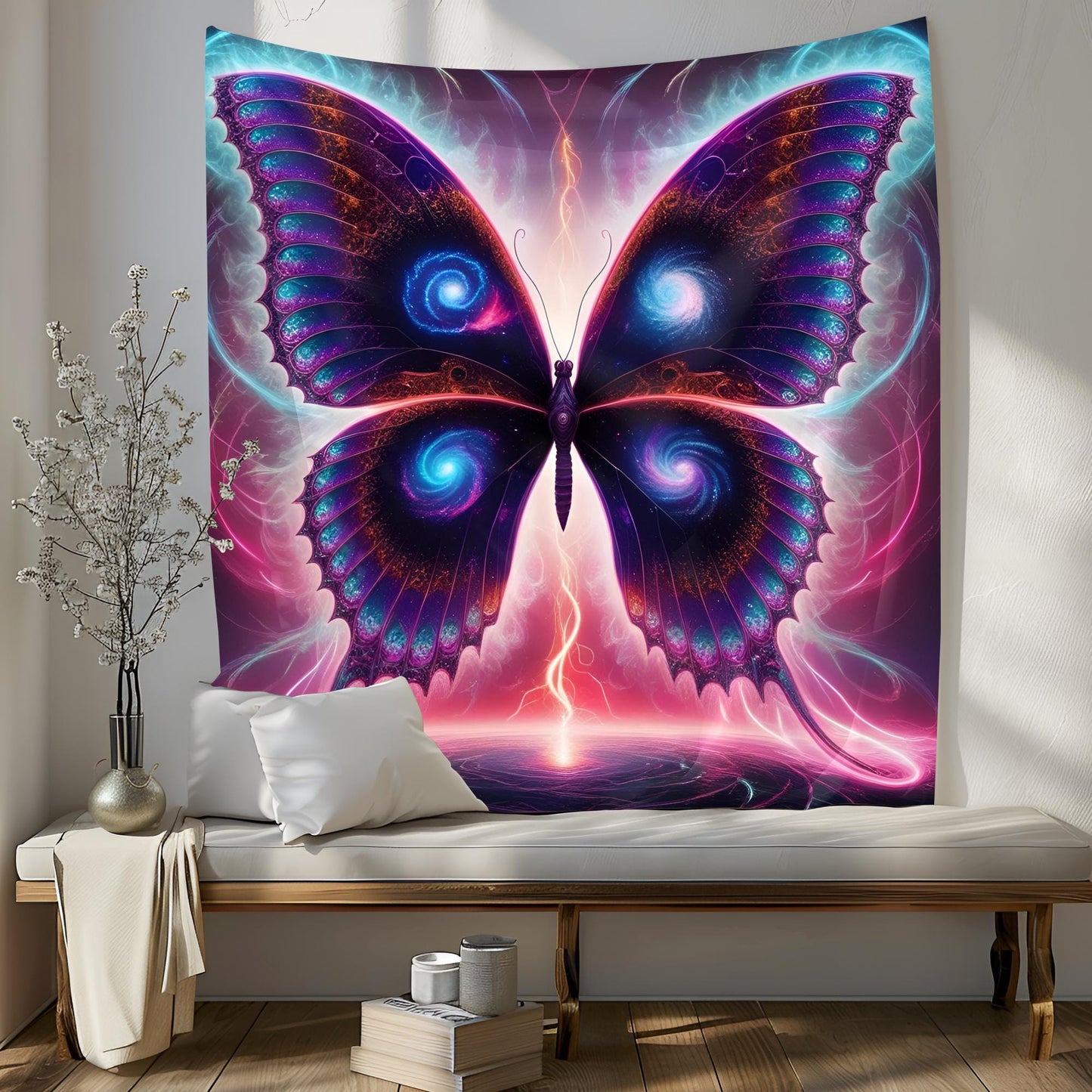 Psychedelic Galaxy Butterfly Tapestry, Neon Fractal Wings, Glowing Energy Trails, Surreal Dreamscape Wall Art, Trippy Tapestry, Psychedelic