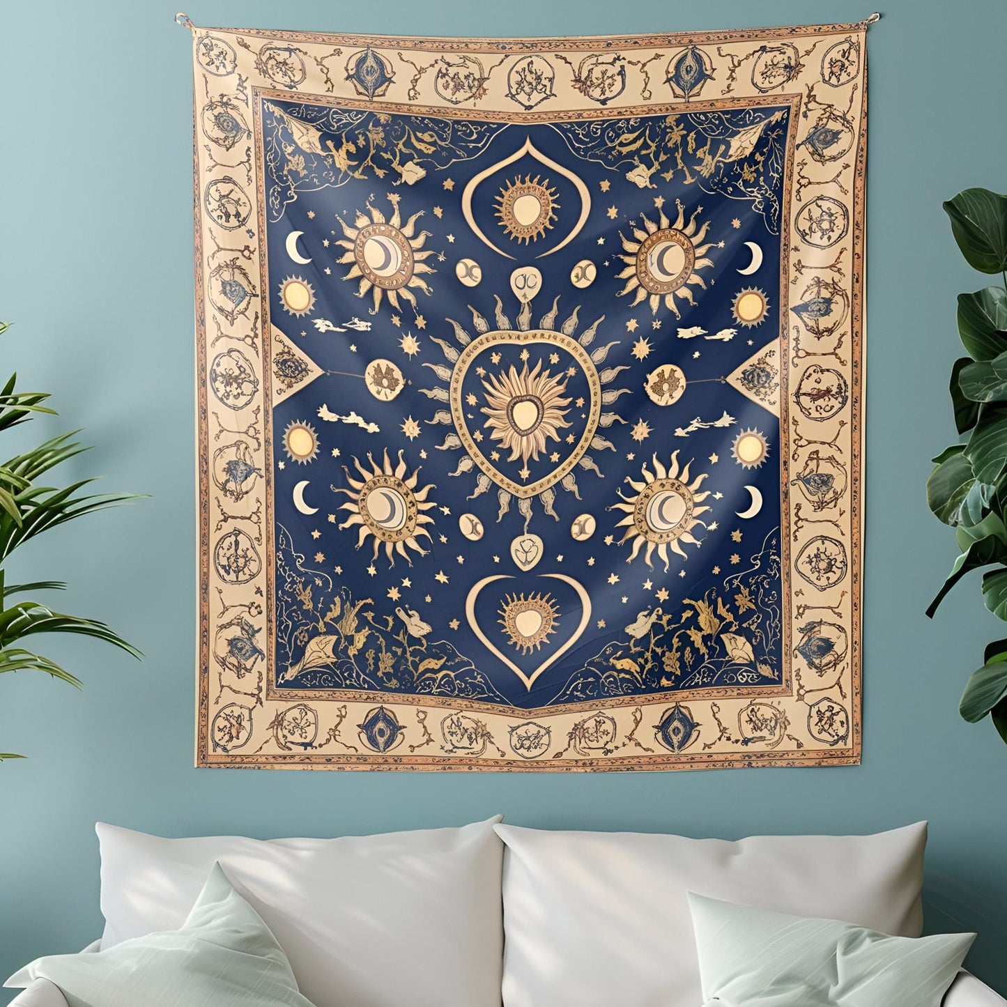 Celestial Sun & Moon Tapestry, Mystical Anatolian Wall Hanging, Deep Blue Beige Gold Decor, Ancient Sacred Patterns , Tapestry For Room