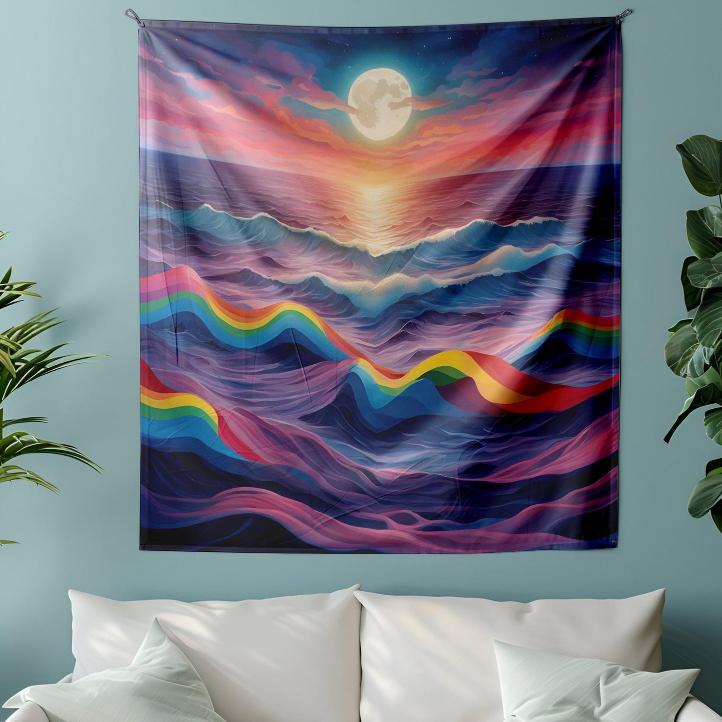 Surreal Rainbow Ocean Tapestry - LGBT Pride Wall Hanging - Dreamy Moonlit Sea Waves - Colorful Aesthetic Room Decor - LGBT Gift
