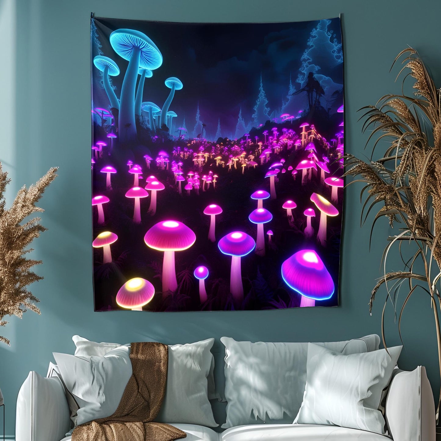 Glowing Bioluminescent Mushroom Forest Tapestry, Neon Fungi Dreamscape, Surreal Fractal Background, Dark Purple Blue Psychedelic Art
