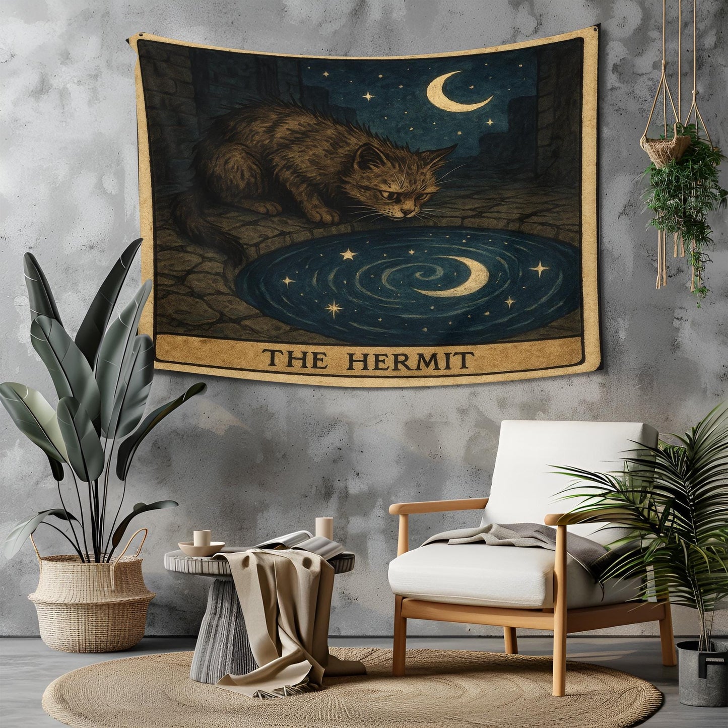 The Hermit Cat Tapestry – Tarot-Inspired Mystical Wall Art, Introspective Boho Cat Decor, Celestial Gothic Tapestry for Bedroom or Altar