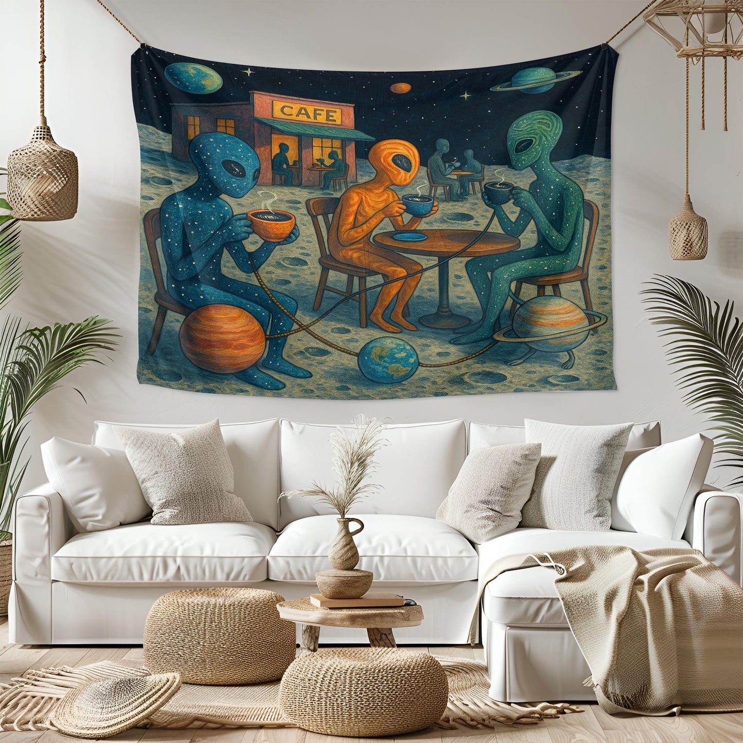 Alien Cafe Wall Tapestry with Space Beings Drinking Coffee on the Moon, Whimsical Outer Space Art for Sci-Fi Bedroom or Dorm Room Decor