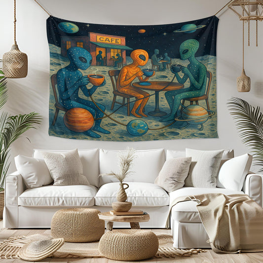 Alien Cafe Wall Tapestry with Space Beings Drinking Coffee on the Moon, Whimsical Outer Space Art for Sci-Fi Bedroom or Dorm Room Decor