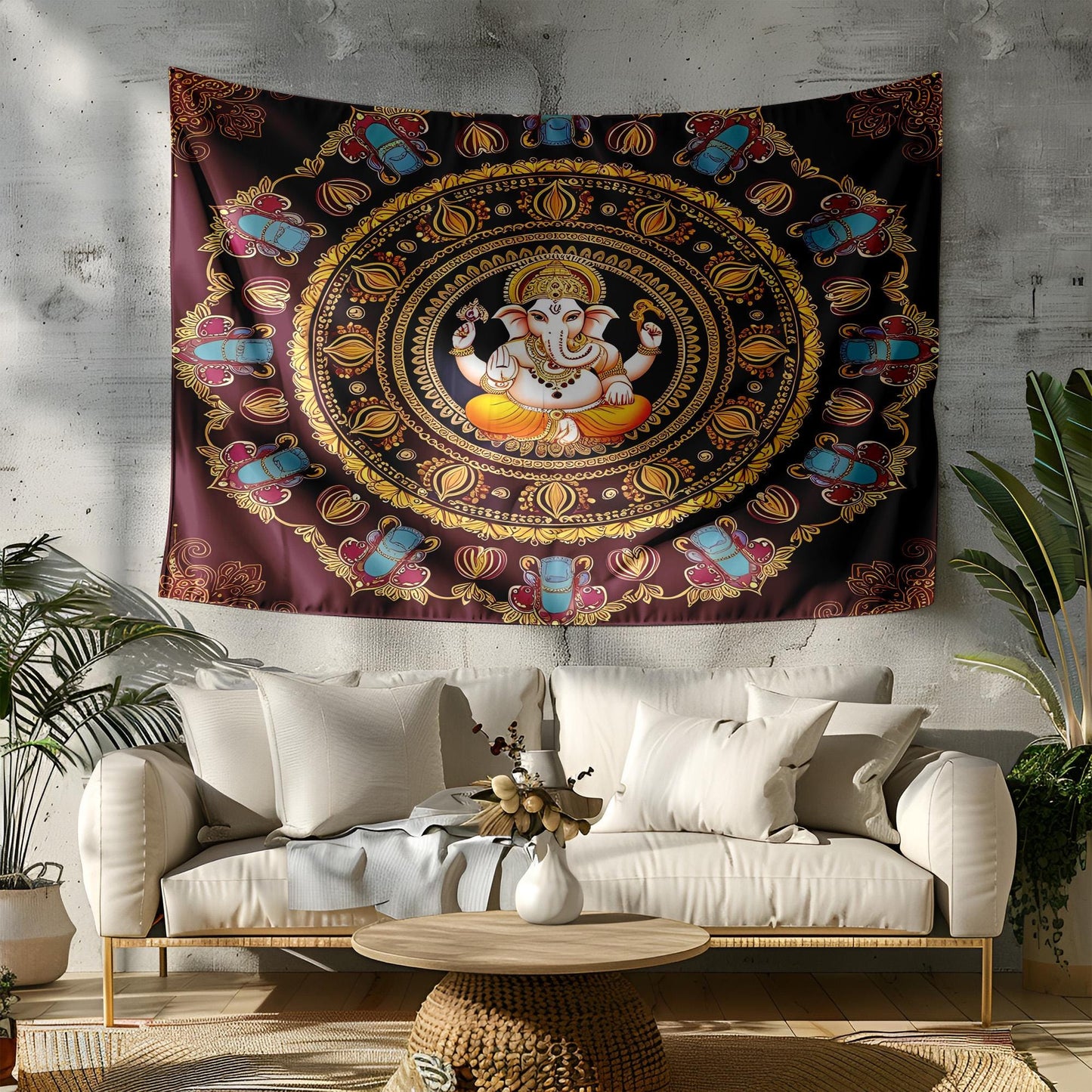 Lord Ganesha Mandala Tapestry, Indian Spiritual Wall Hanging, Elephant Motif Decor, Maroon Saffron Boho Art, Hindu Sacred Design