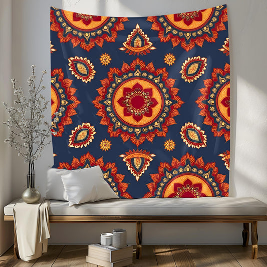 Seamless Indian Mandala Pattern Tapestry, Deep Red Orange Gold Symmetrical Design on Dark Blue, Traditional Boho Decorative Wall Art