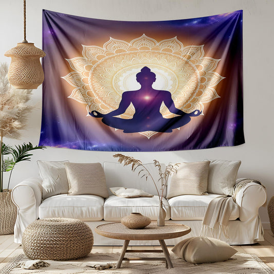 Meditating Silhouette Mandala Tapestry, Cosmic Gradient Wall Art, Indigo Violet Gold Decor, Spiritual Enlightenment Design