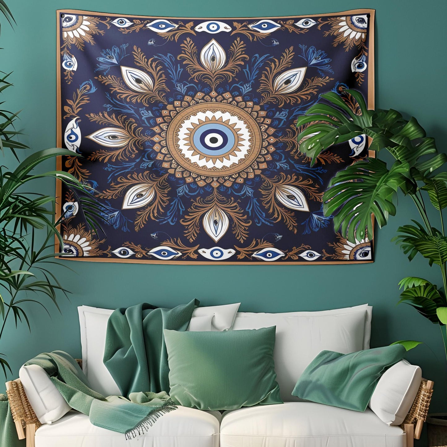Mystic Turkish Evil Eye Tapestry, Anatolian Folk Art Wall Hanging, Turkish Wallhang, Deep Blue Gold White Decor, Symmetrical Pattern Design