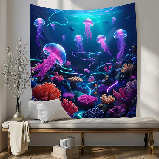 Psychedelic Underwater Tapestry, Glowing Coral Reefs, Bioluminescent Sea Creatures, Cosmic Jellyfish, Swirling Neon Light Ocean Art