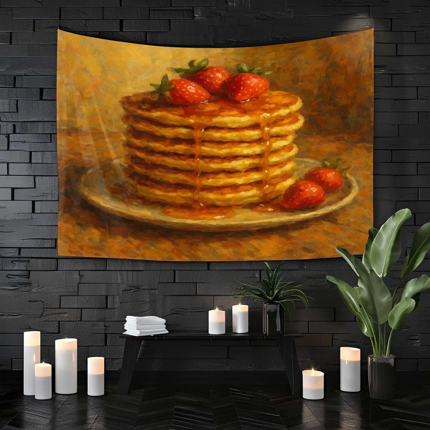 Pancake Stack Wall Tapestry with Strawberries and Syrup, Cozy Breakfast Food Art Print for Kitchen, Dining Room or Café Style Wall Decor