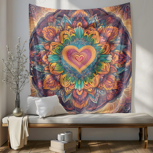 Rainbow Mandala Tapestry - LGBT Pride Boho Wall Hanging - Colorful Spiritual Room Decor - Vibrant Symmetrical Mandala with Heart Center