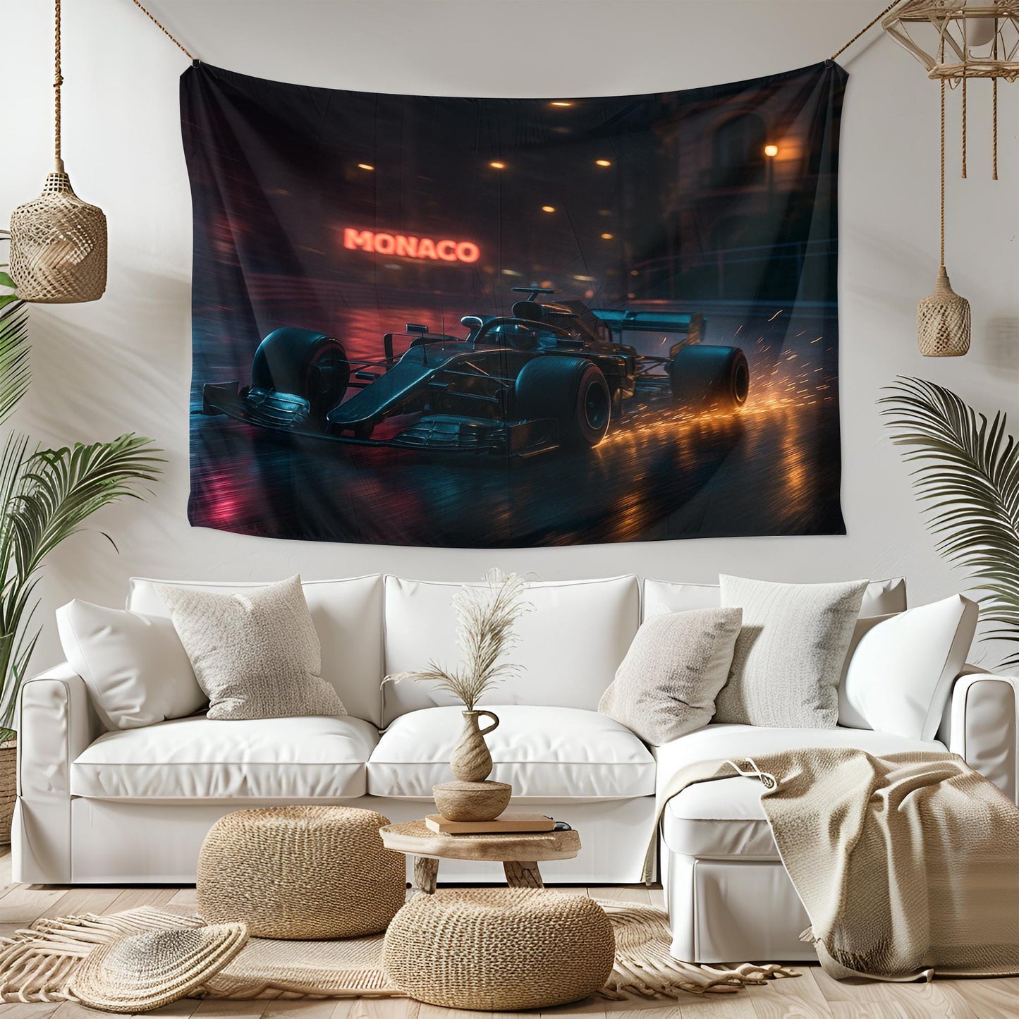 Monaco F1 Tapestry, Night Racing Car Wall Art, Formula 1 Motorsport Decor, Speed Lover Gift, Grand Prix Room Banner, Auto Man Cave Art