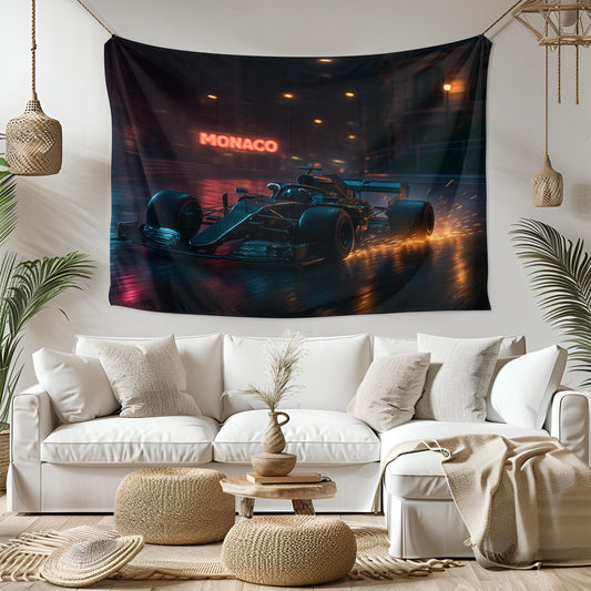 Monaco F1 Tapestry, Night Racing Car Wall Art, Formula 1 Motorsport Decor, Speed Lover Gift, Grand Prix Room Banner, Auto Man Cave Art