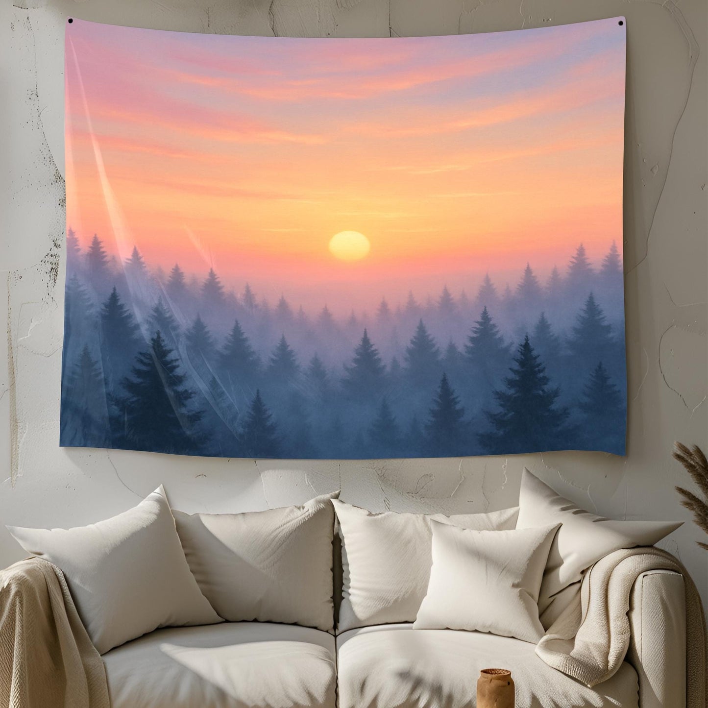 Sunrise Forest Landscape Tapestry with Misty Pine Trees and Pastel Sky – Tranquil Nature Wall Art for Boho Home and Bedroom Decor