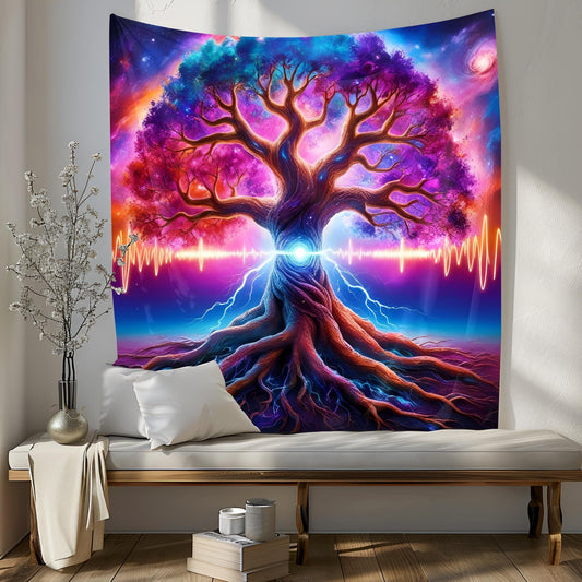 Mystical Cosmic Tree Tapestry, Glowing Branches & Galactic Roots, Neon Energy Waves, Psychedelic Surreal Wall Art, Trippy Wall Art
