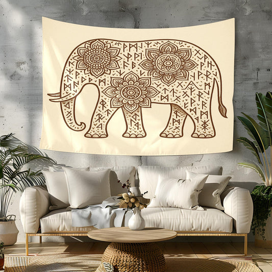 Mandala Elephant Wall Tapestry with Runes on Cream Background – Bohemian Boho Decor for Yoga Room, Bedroom, Meditation and Healing Space