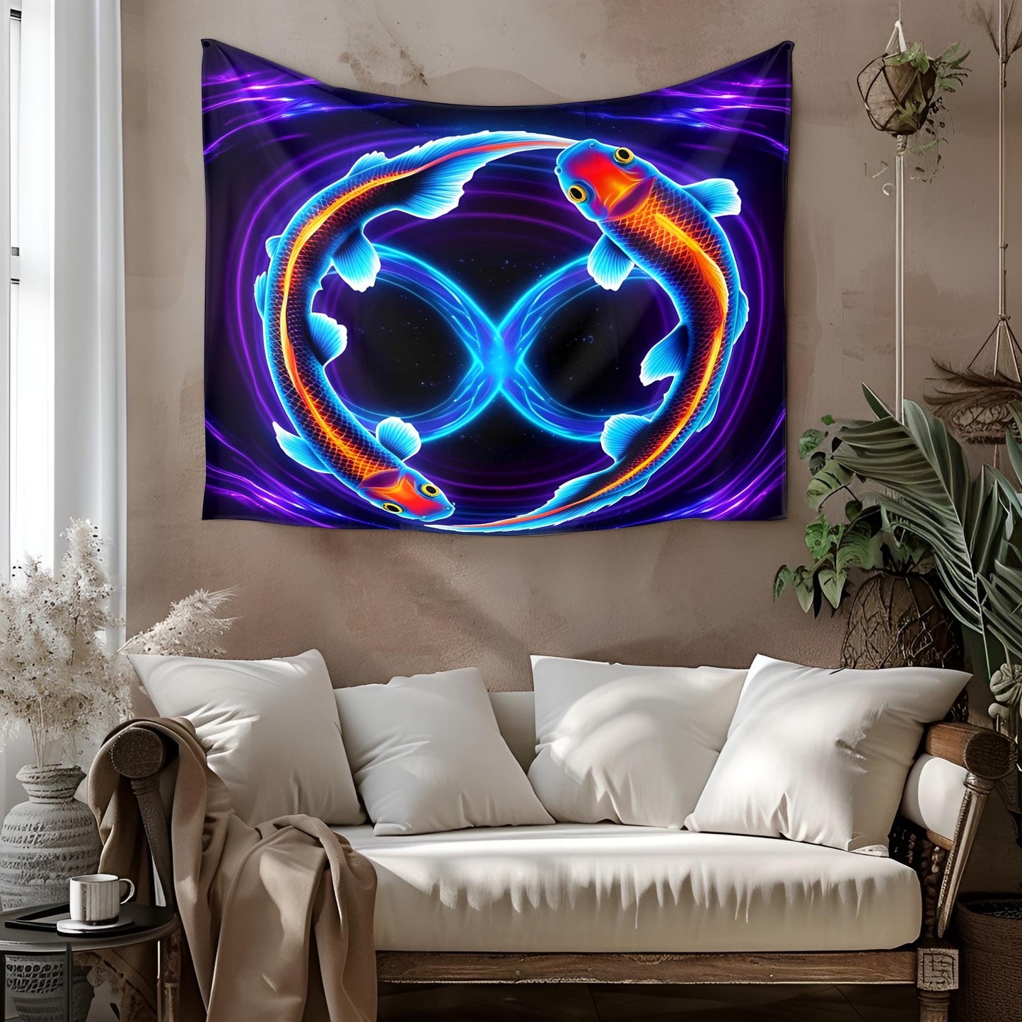 Neon Koi Fish Infinity Tapestry, Glowing Cosmic Water Ripples, Psychedelic Blue Purple Art, Mesmerizing Symbol of Balance & Energy Flow