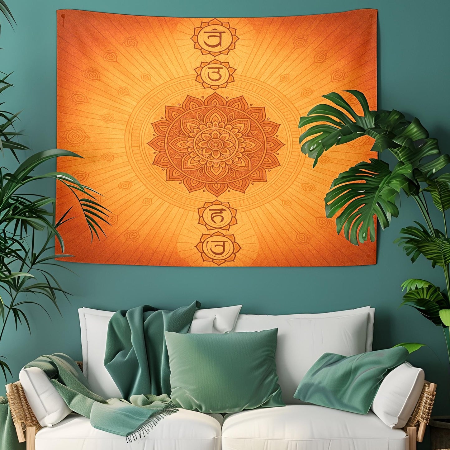 Chakra Wall Tapestry in Orange with Mandala and Symbol Design – Spiritual Boho Decor for Meditation, Yoga, Healing and Mindful Living