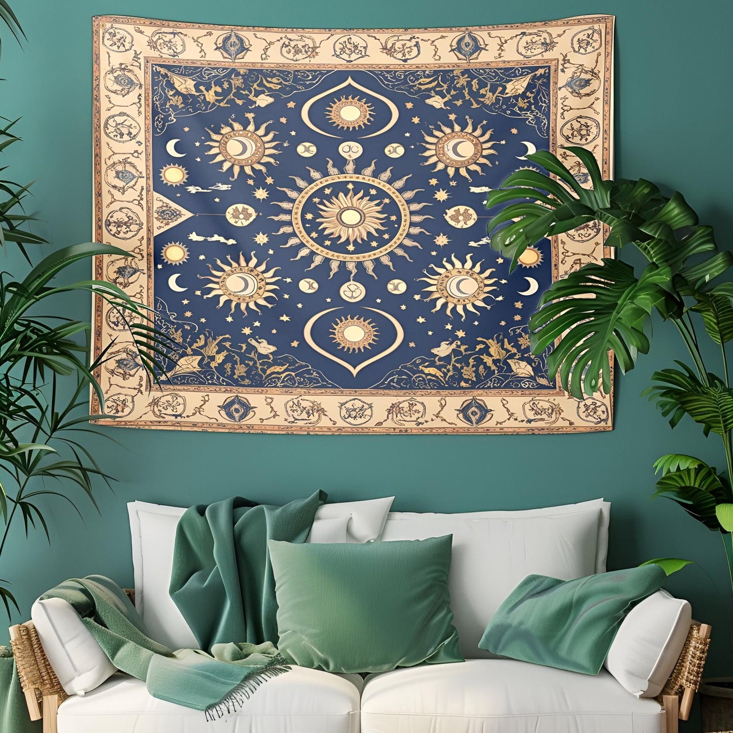 Celestial Sun & Moon Tapestry, Mystical Anatolian Wall Hanging, Deep Blue Beige Gold Decor, Ancient Sacred Patterns , Tapestry For Room