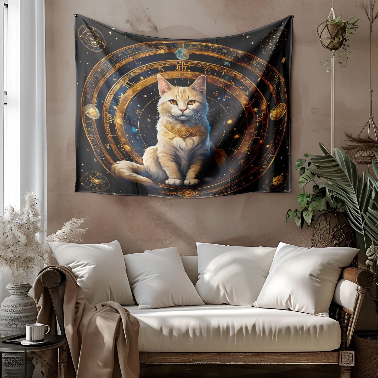 Zodiac Circle Cat Tapestry - Astrological Feline Wall Hanging - Celestial Cosmic Decor - Mystic Astrology Art - Witchy Home Decor