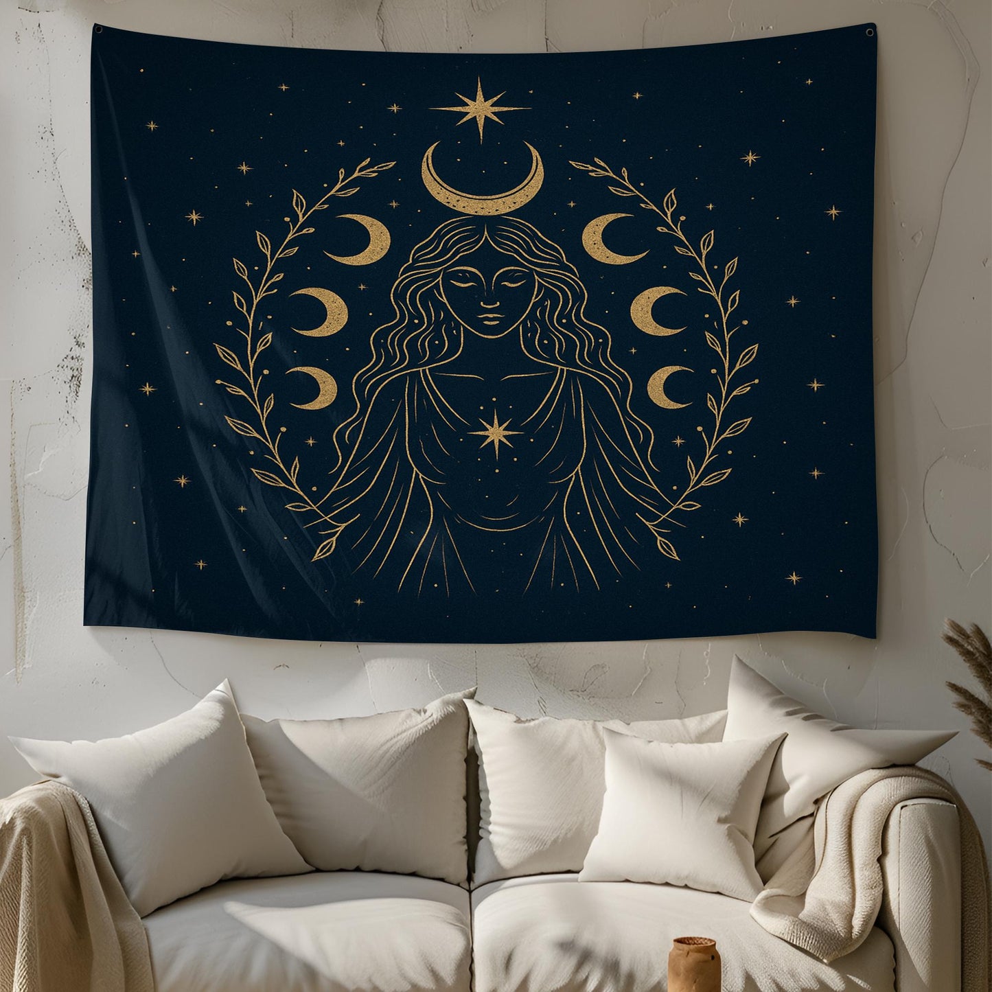 Divine Feminine Moon Goddess Tapestry in Gold on Midnight Black – Boho Spiritual Wall Art for Witchy Decor and Celestial Interiors