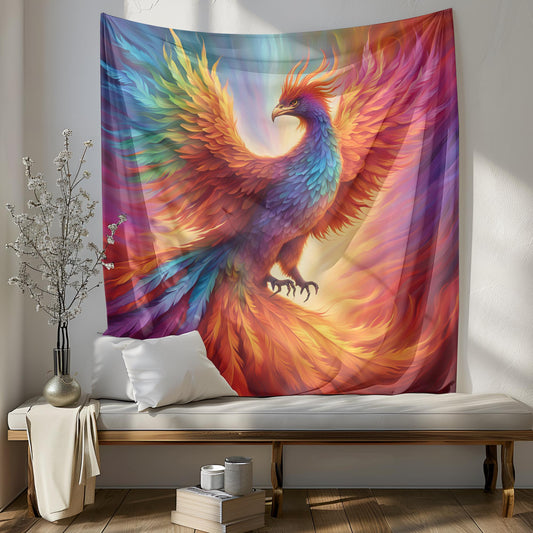 Rainbow Phoenix Tapestry - LGBT Pride Wall Hanging - Vibrant Fire Bird Artwork - Symbol of Strength, Rebirth & Transformation