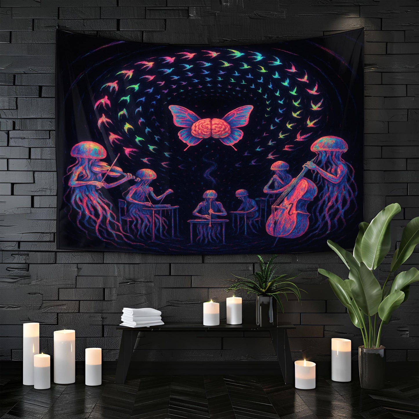 Psychedelic Music Tapestry – Jellyfish Orchestra Wall Art, Brain Butterfly Decor, Trippy Band Scene, Surreal Music Lover Gift