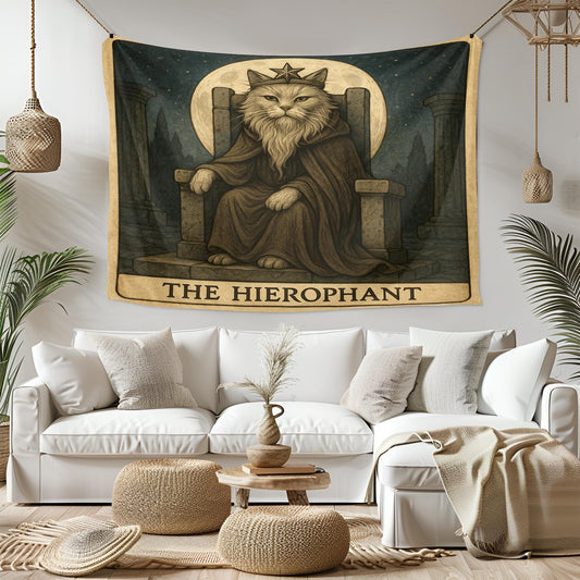 The Hierophant Cat Tapestry – Tarot Priest Cat Wall Art, Mystical Occult Decor, Gothic Spiritual Tapestry for Bedroom or Altar Space