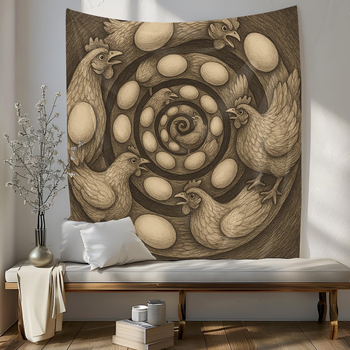 Spiral Chicken Egg Tapestry, Surreal Farmhouse Wall Art, Optical Illusion Hen Print For Kitchen, Dorm Room Or Rustic Country Home Decor