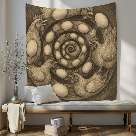 Spiral Chicken Egg Tapestry, Surreal Farmhouse Wall Art, Optical Illusion Hen Print For Kitchen, Dorm Room Or Rustic Country Home Decor