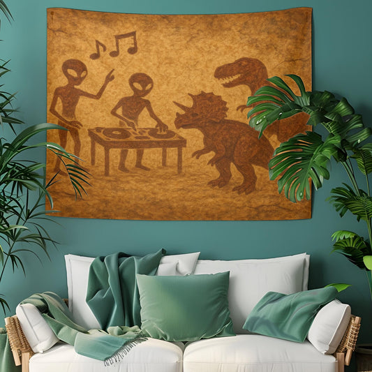 Alien DJ Dinosaur Party Tapestry, Funny Wall Art With UFO Music Scene, Prehistoric Club Decor, Unique Gift For Sci Fi And Dino Lovers