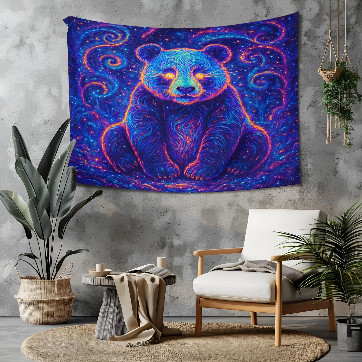 Glowing Neon Panda Sitting in Cosmic Forest Surrounded by Galaxy Fragments with Radiant Eyes in Surreal Psychedelic Aesthetic Tapestry