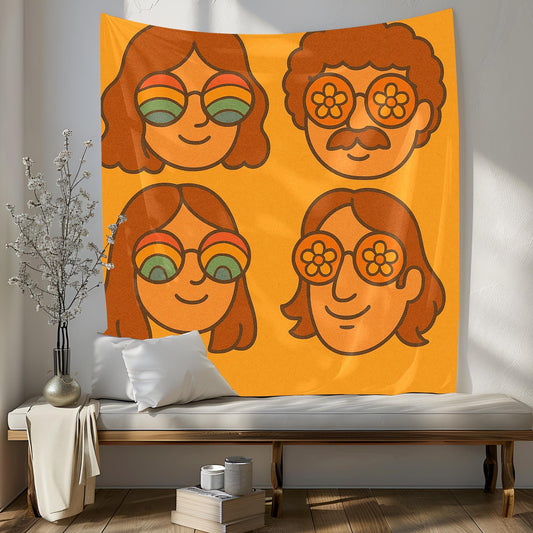 Retro Faces Tapestry With Rainbow Sunglasses, 70s Hand Drawn Cartoon Style, Warm Minimal Background, Groovy Wall Art, Gift For Her