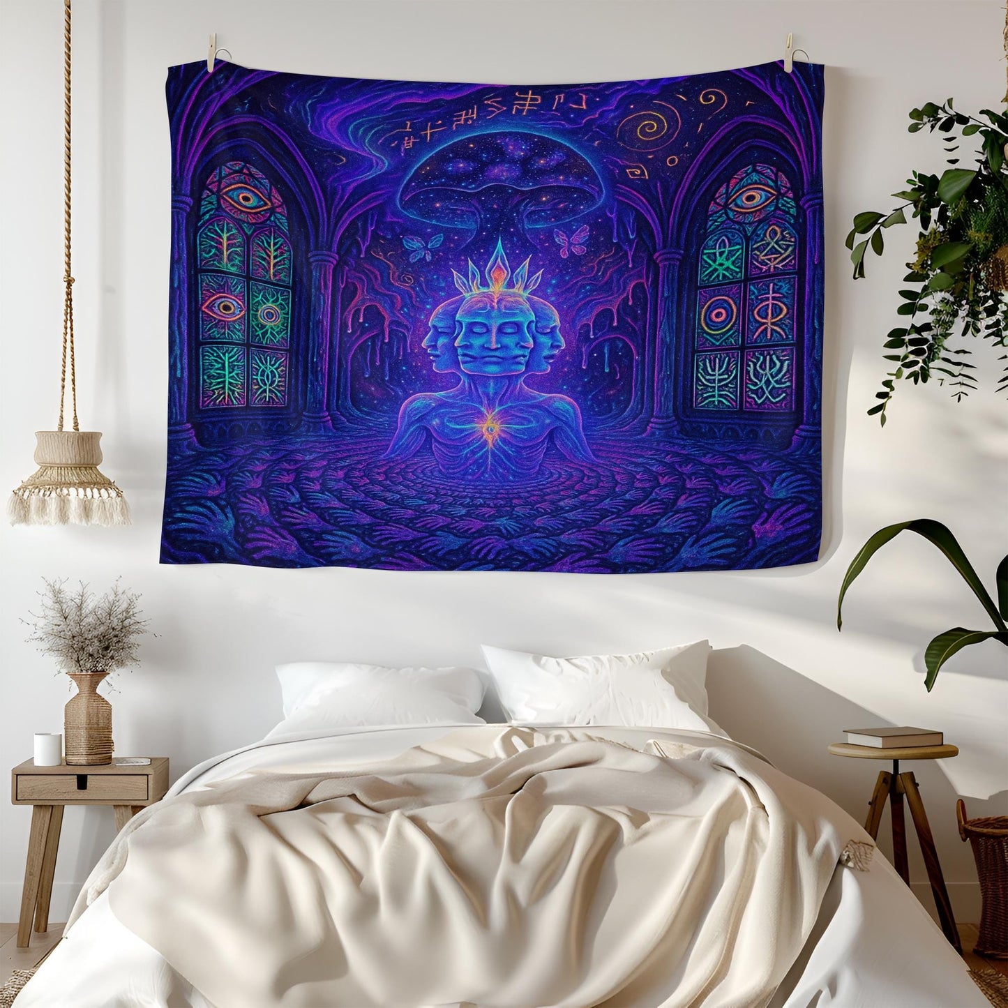 Psychedelic Wall Tapestry – Trippy Spiritual Art, Cosmic Meditation Decor, Visionary 3-Headed Deity Wall Hanging, Boho Room Aesthetic, Dorm