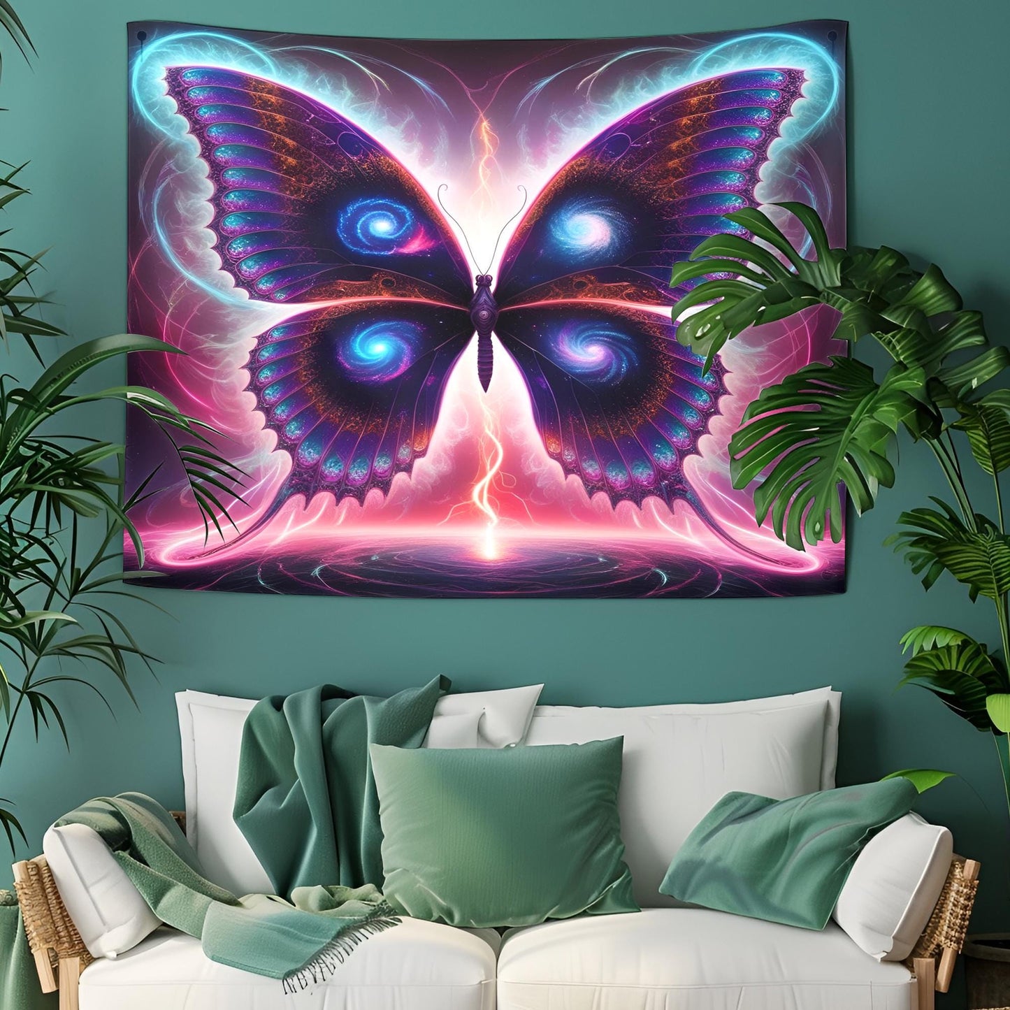 Psychedelic Galaxy Butterfly Tapestry, Neon Fractal Wings, Glowing Energy Trails, Surreal Dreamscape Wall Art, Trippy Tapestry, Psychedelic